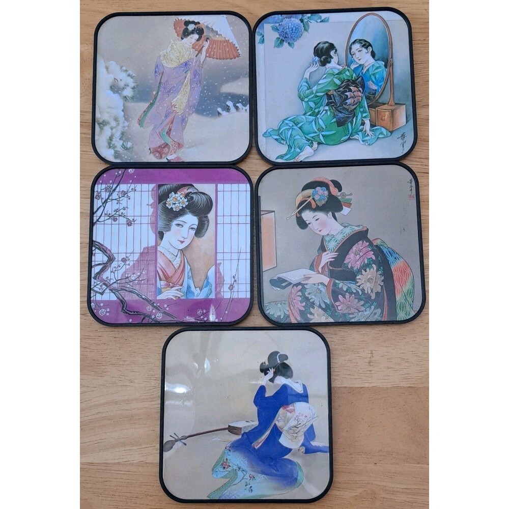 Vintage Japanese Geisha Coasters Art Pieces Japan Set of 5